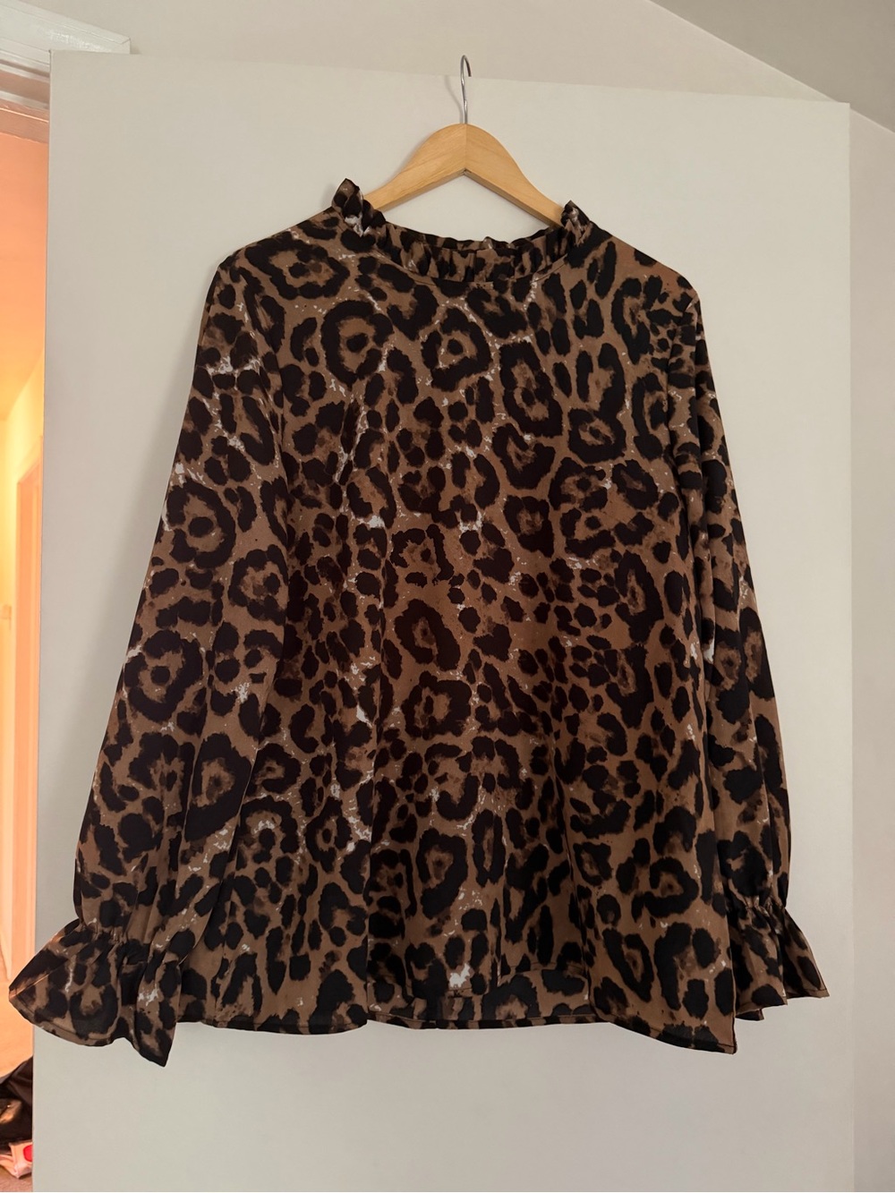 SHEIN Leopard Print Ruffle Neck Blouse - Brown & Black